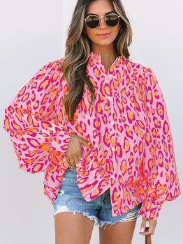 Rose Red Oversized Leopard Print Balloon Sleeve Casual Shirt