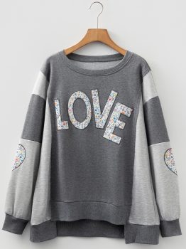 Dark Grey LOVE Graphic Exposed Seam Patchwork Uneven Hem Chic Sweatshirt