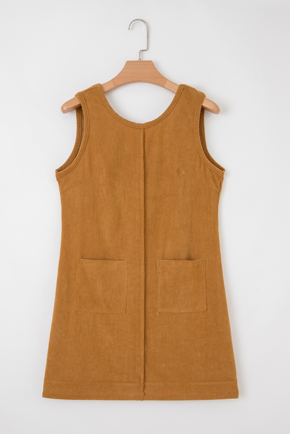 Beige Corduroy Sleeveless Mini Dress With Patched Pockets - Image 5
