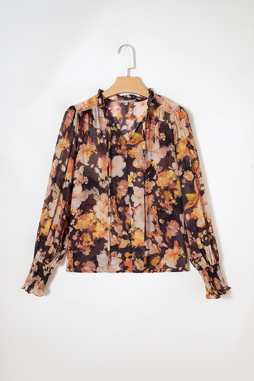 Black Floral V Neck Long Puff Sleeve Breezy Blouse - Image 4