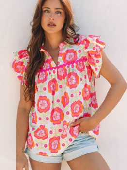 Rose Floral Ruffled Sleeve Ric-rac Trim Split Neck Loose Blouse