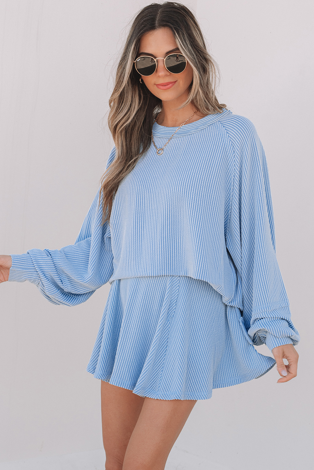 Sky Blue Corded Lantern Sleeve Top High Waist Ruffled Mini Skirt Set - Image 3