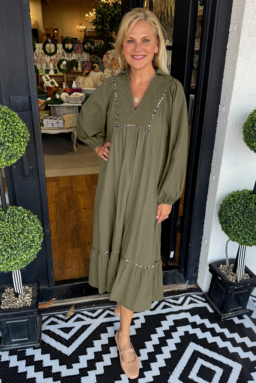 Four Leaf Clover Collared V Neck Smocked Detail Contrast Leopard Trim Bracelet Sleeve Long Dress - Image 3