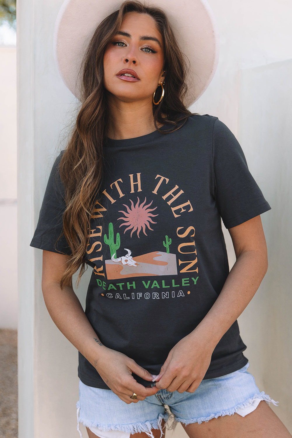 Dark Grey RISE WITH THE SUN Western Fashion Graphic Tee - Image 4