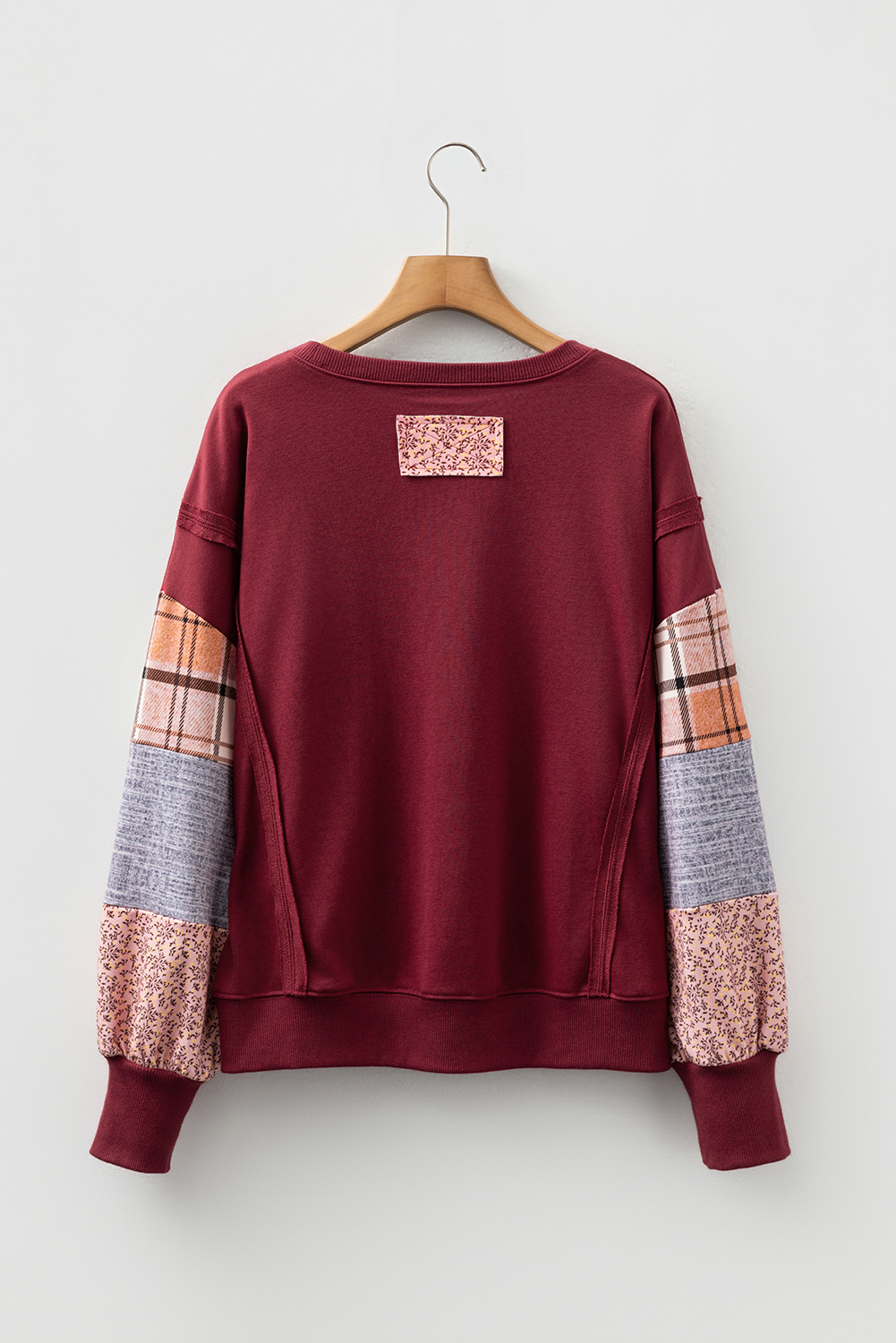Red Sandalwood Plaid Colorblock Patchwork Sleeve Raw Seam Sweatshirt - Image 2