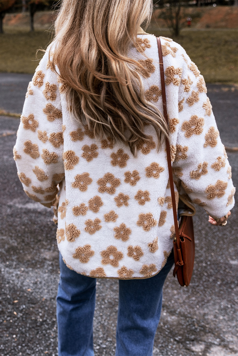 Light French Beige Cute Flower Pattern Button Up Fleece Jacket - Image 2