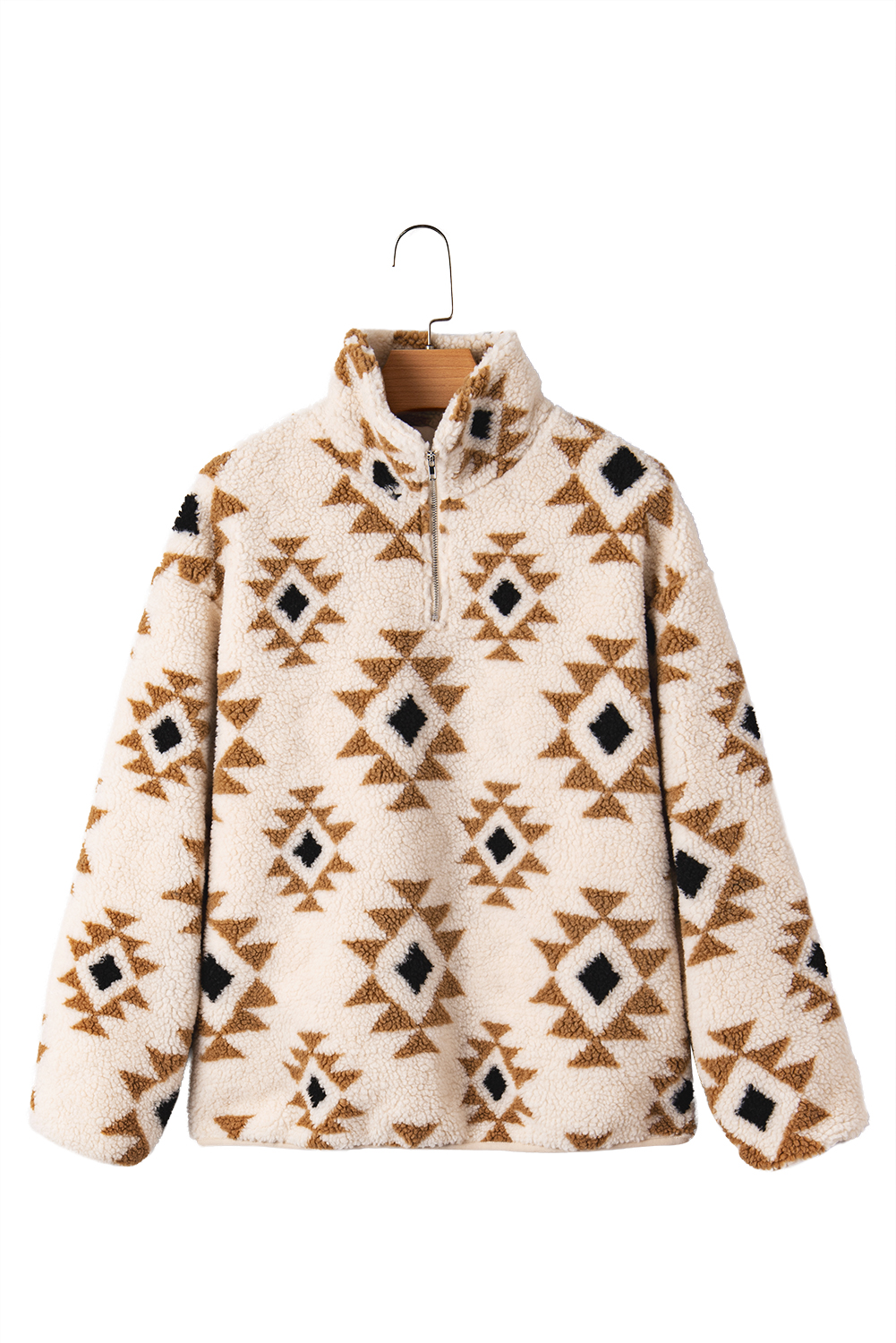 Khaki Aztec Print Sherpa Quarter Zip Collar Sweatshirt - Image 15