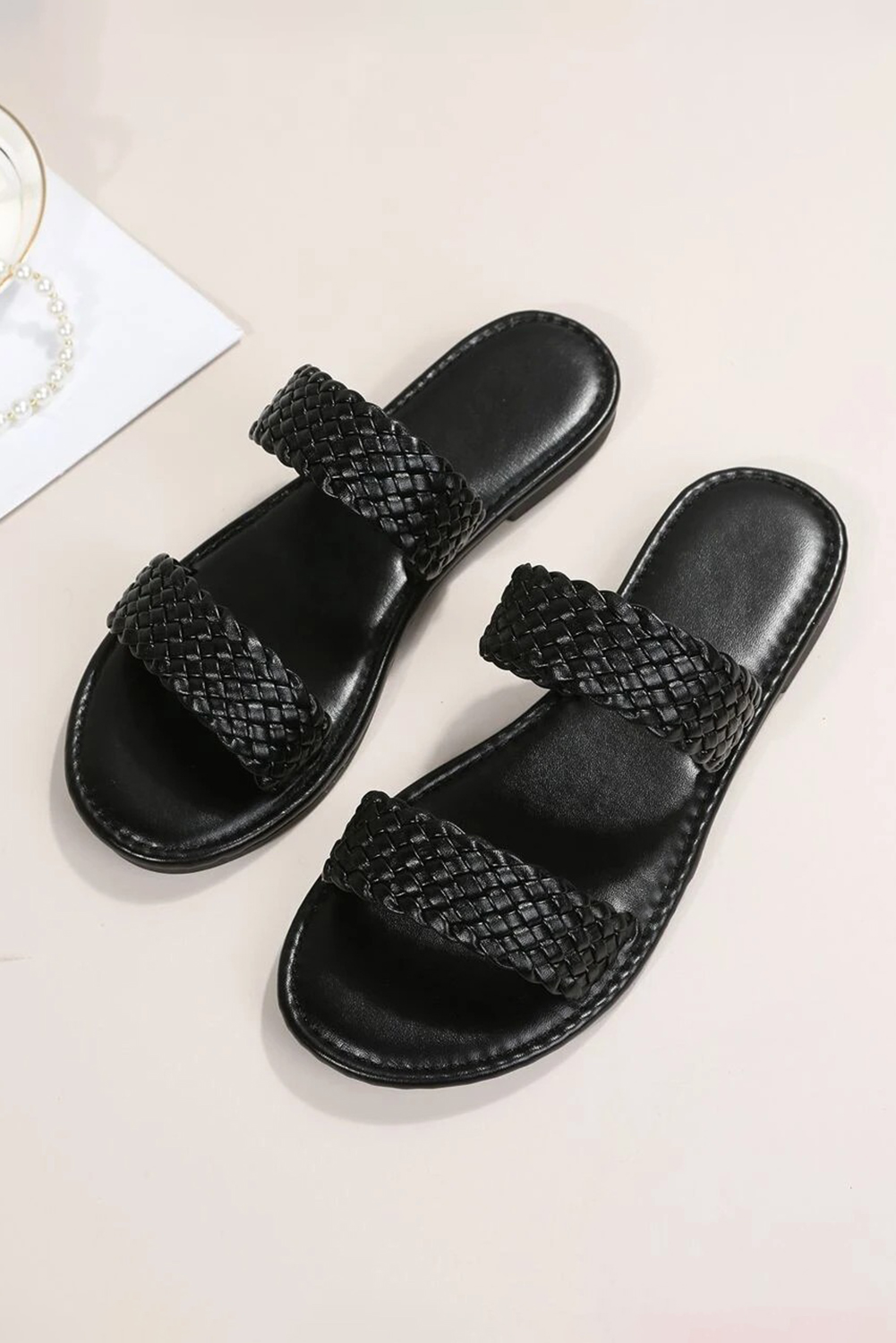 Black Braided Double Band Leathered Flat Slippers - Image 5