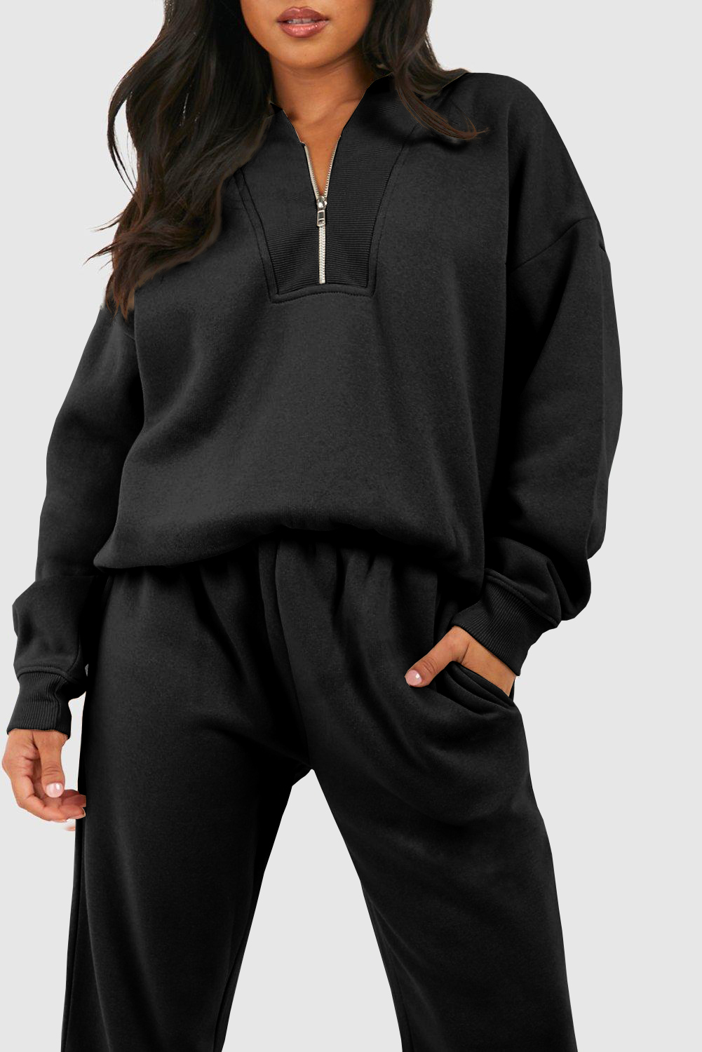 Black Plain Half Zip V Neck Ribbed Edge Loose Tracksuit - Image 4