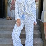Sky Blue Bow Print Long Sleeve Shirt and Pants Soft Pajama Set