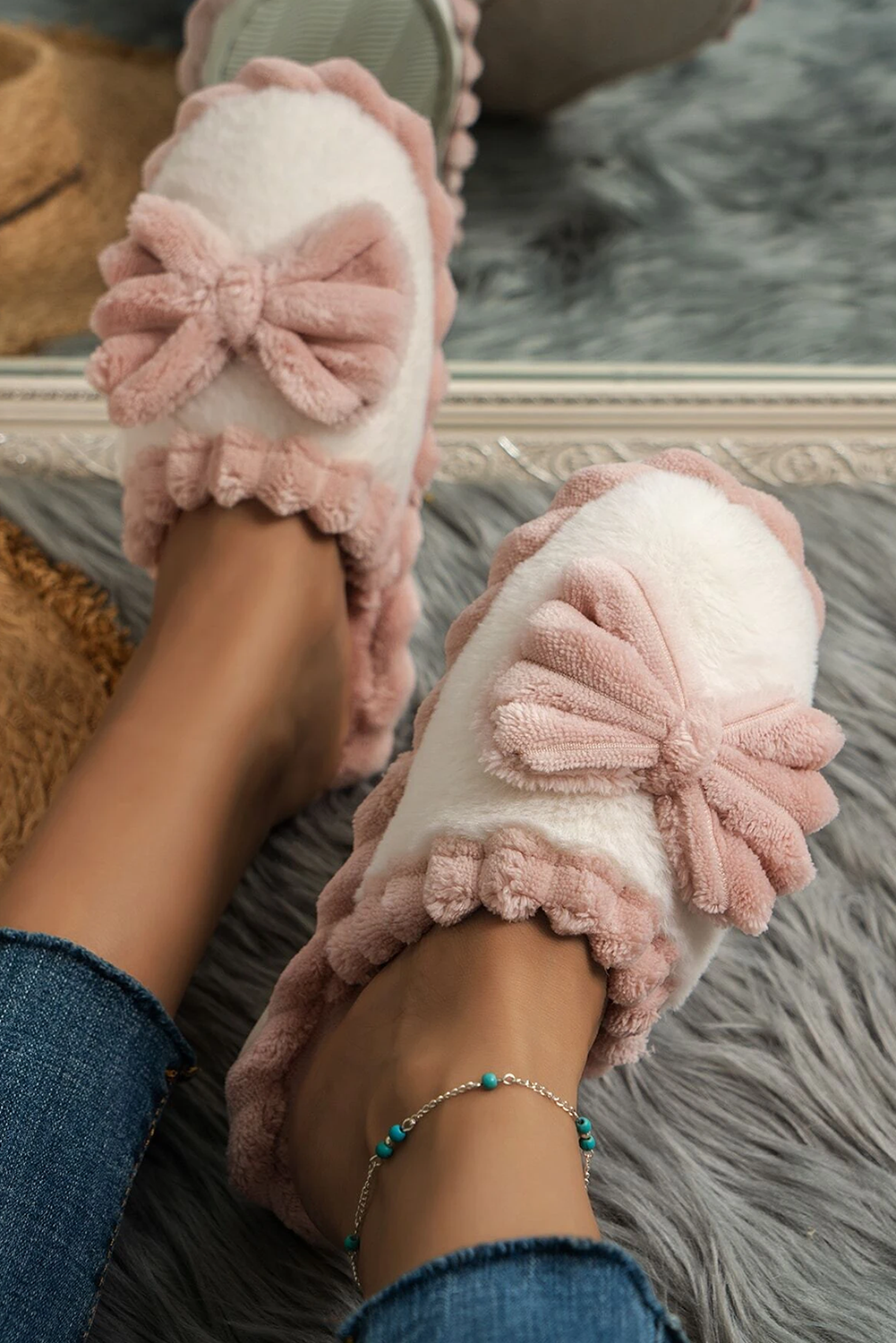 Fushia Bow Decor Color Block Ribbed Plush Slippers - Image 6