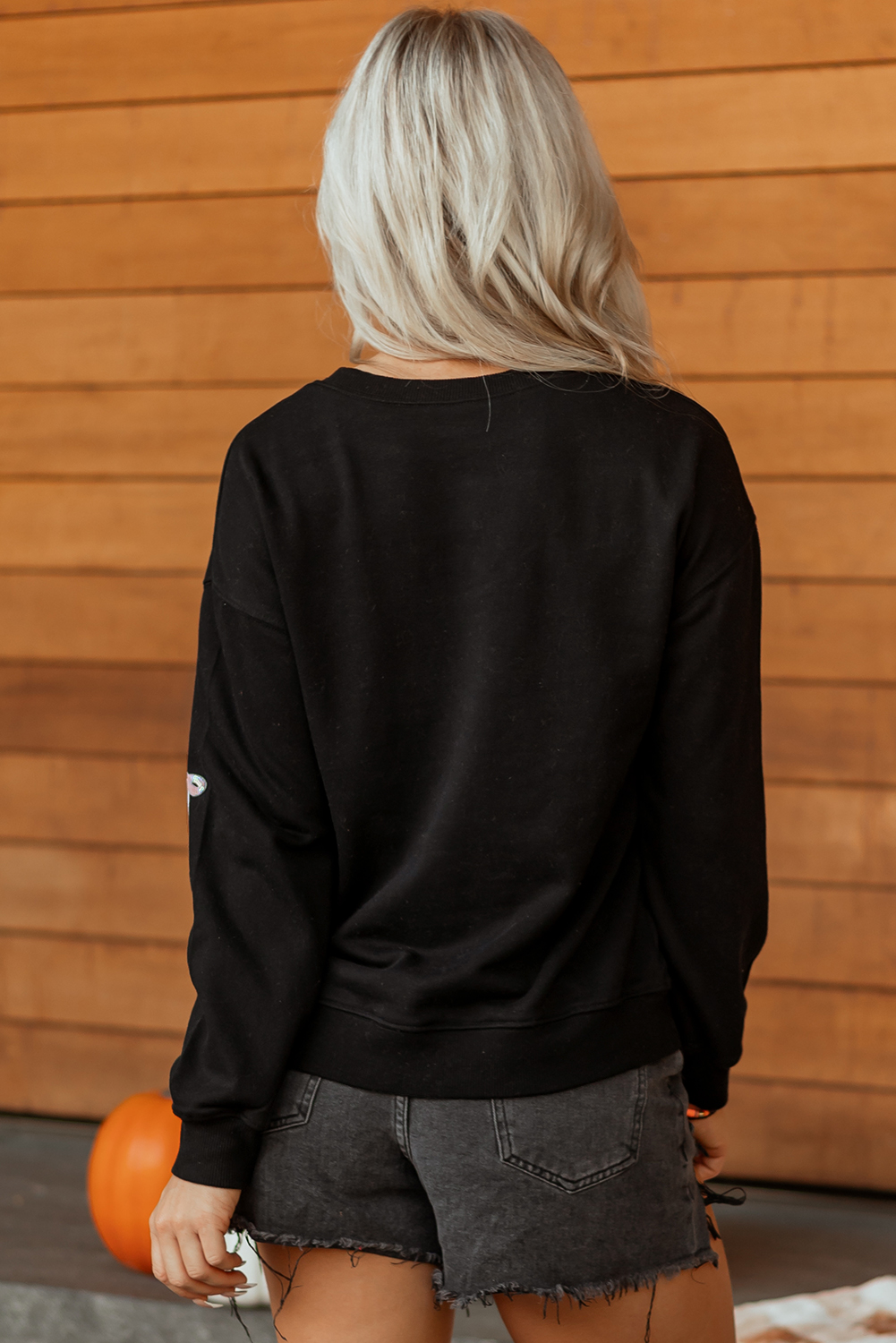 Black Sequin Cute Bow Ghost Graphic Crew Neck Halloween Sweatshirt - Image 2