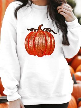 White Sequin Pumpkin Patched Casual Pullover Graphic Sweatshirt