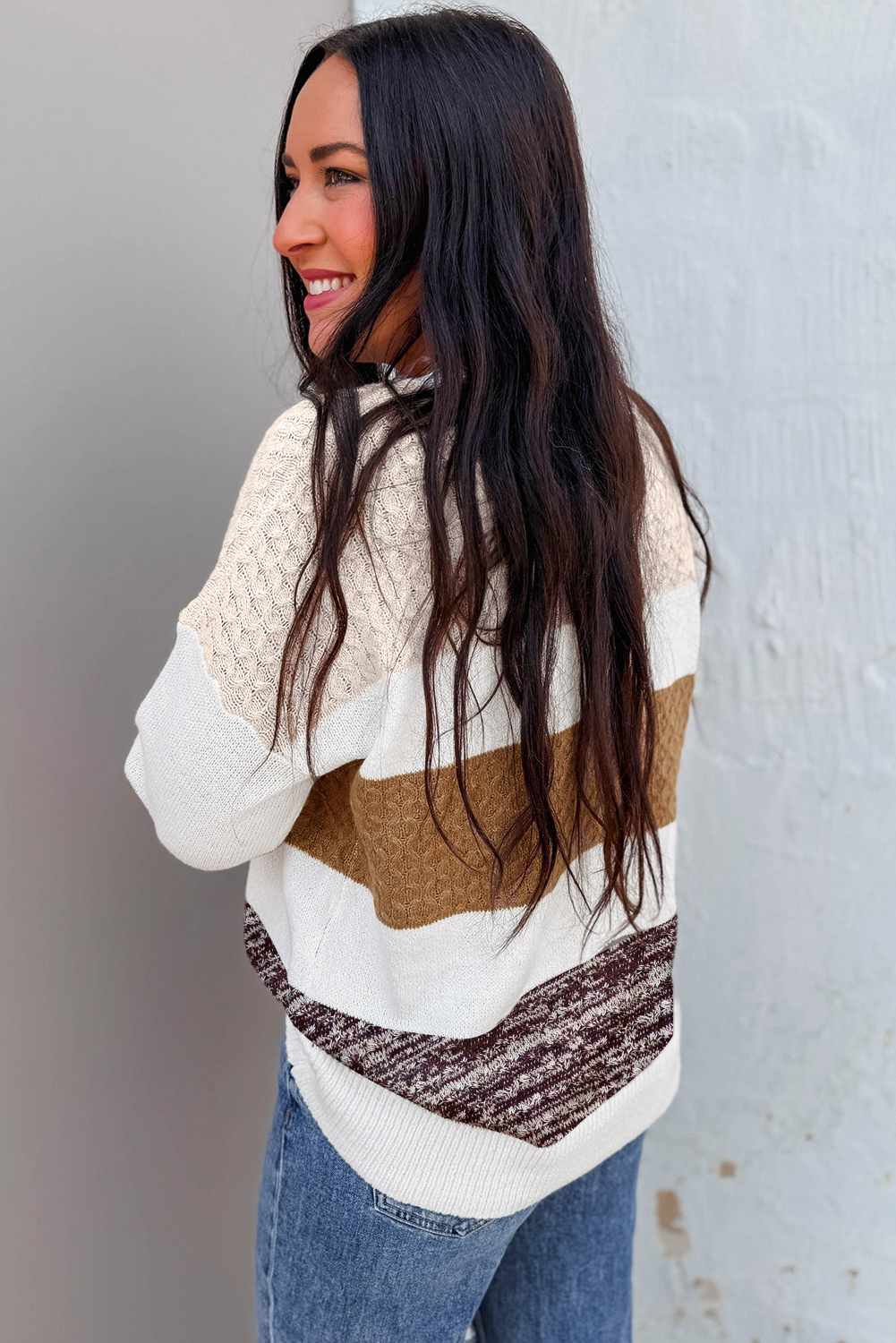 Brown Mixed Texture Knit Striped Color Block Loose Sweater - Image 2