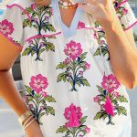 Rose Vintage Floral Print Contrast Notched V Neck Plus Size Summer Blouse
