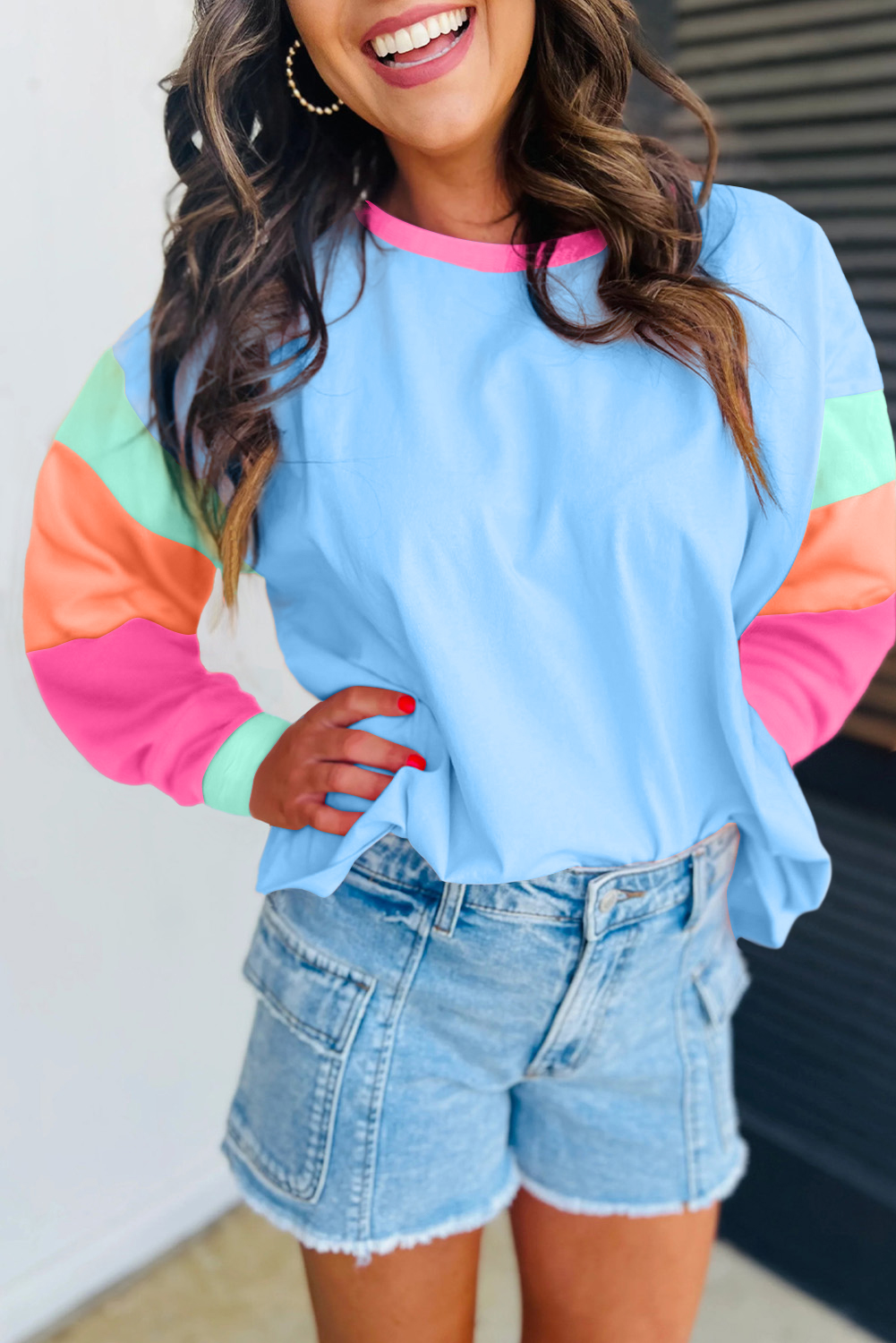 Dark Blue Colorblock Patchwork Long Sleeve Loose Top - Image 2