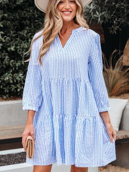 Sky Blue Stripe Bracelet Sleeve Tiered Shift Dress with Pockets