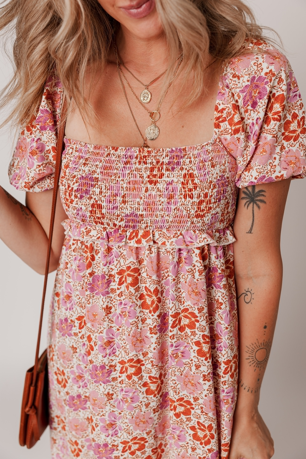 Pink Floral Square Neck Knotted Ruffle Midi Dress - Image 6