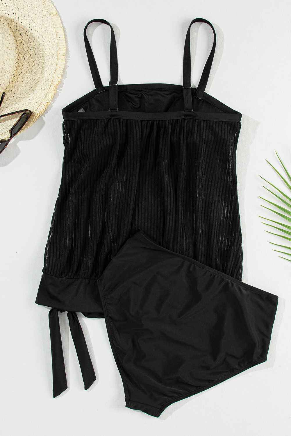 Black Striped Mesh Knotted Hem Tankini Swimsuit - Image 5