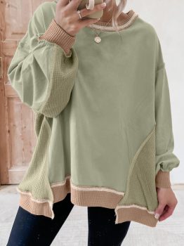 Smoke Green Color Block Mix Texture Waffle Patchwork Oversize Sweatshirt