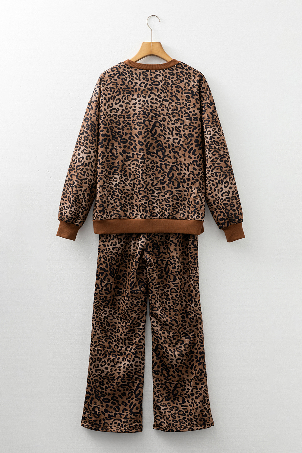 Coffee Leopard Print Contrast Trim Long Sleeve Top and Pants Set - Image 7