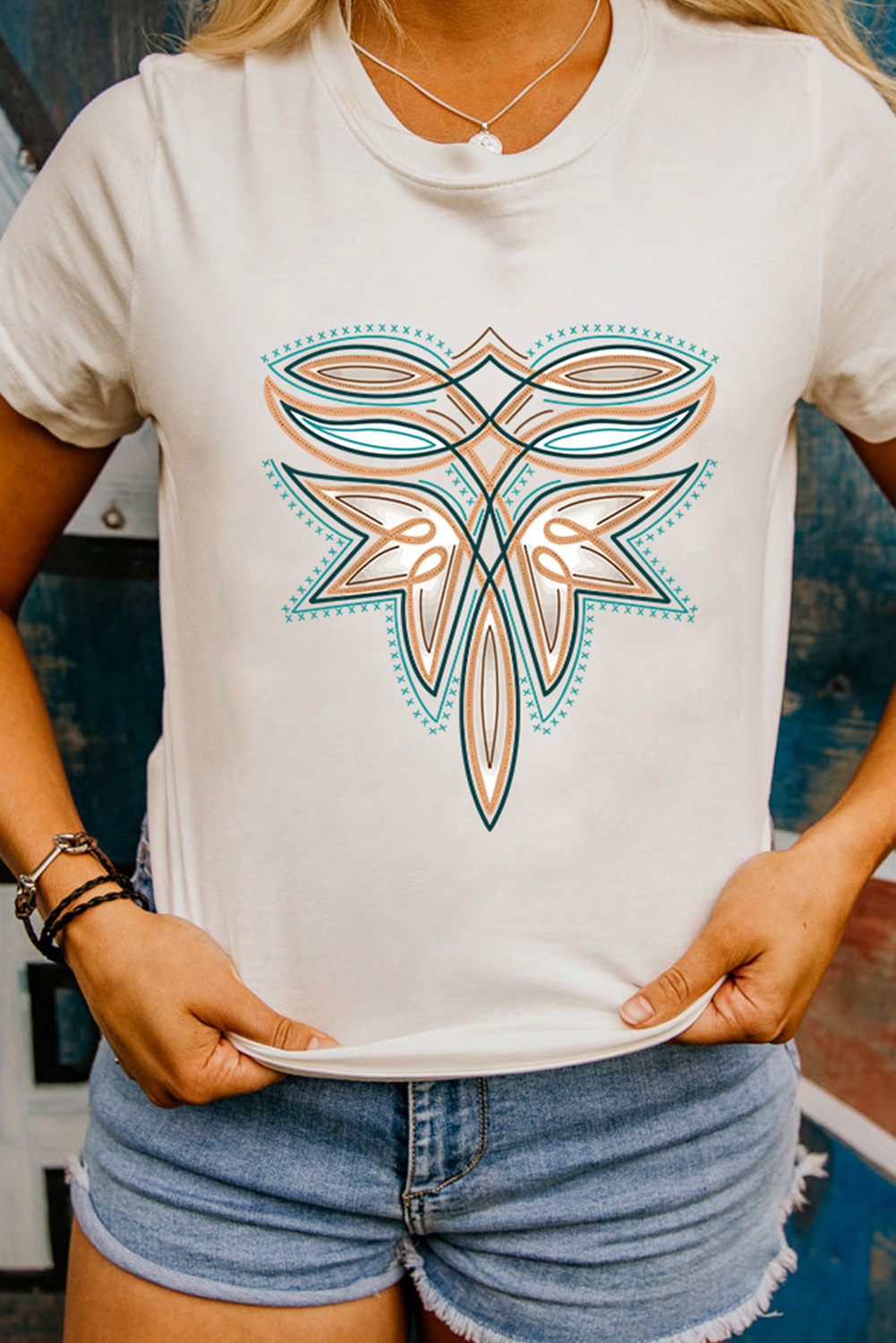White Western Stitch Pattern Printed Cotton Blend Tee - Image 2