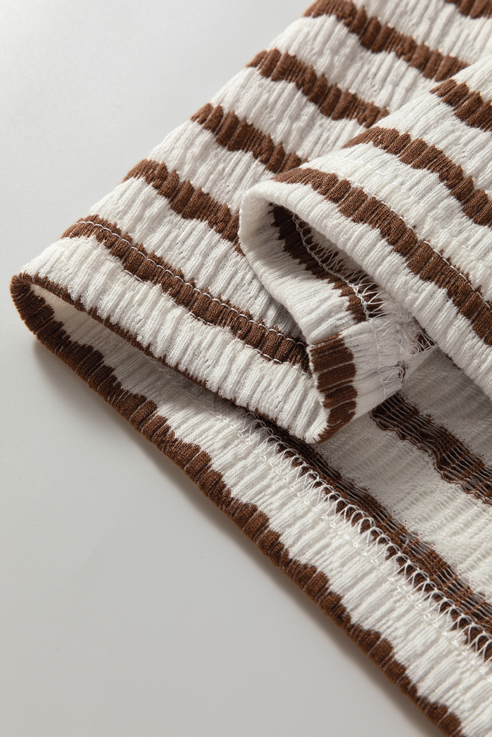 Khaki Stripe Textured Hooded V Neck Casual Long Sleeve Top - Image 5