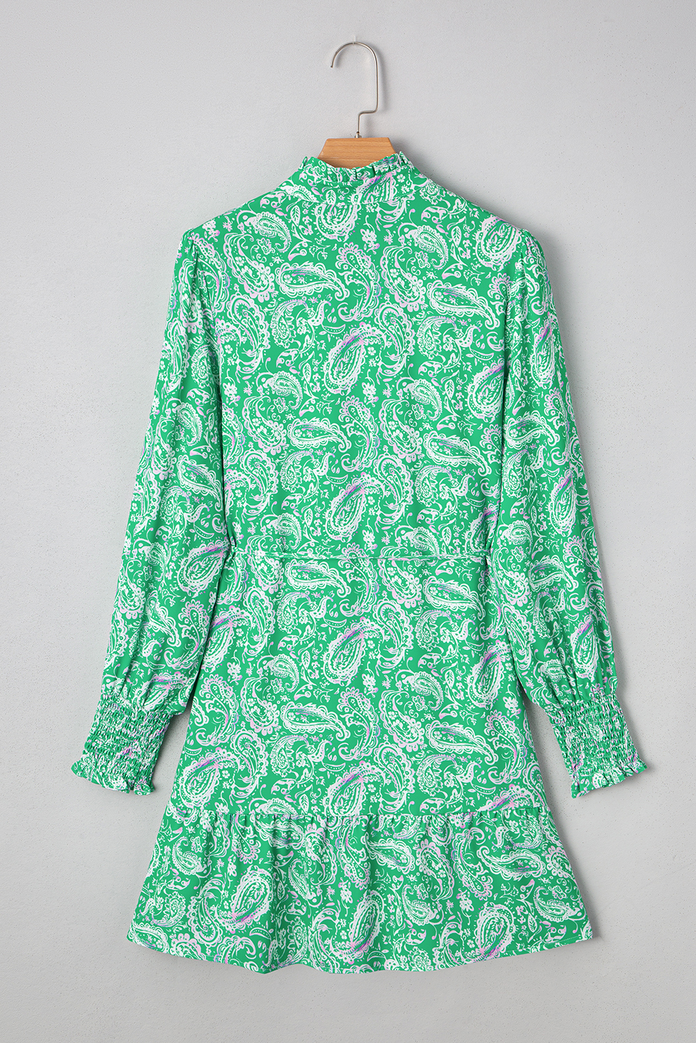 Green Paisley Print Long Sleeve Button Front Tied Waist Mini Dress - Image 4