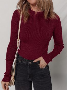 Red Dahlia Metal Ribbed Knit Long Sleeve Slim Fit Top