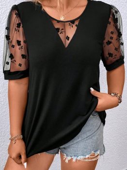 Black Floral Mesh Patchwork Loose V Neck Plus Size T Shirt