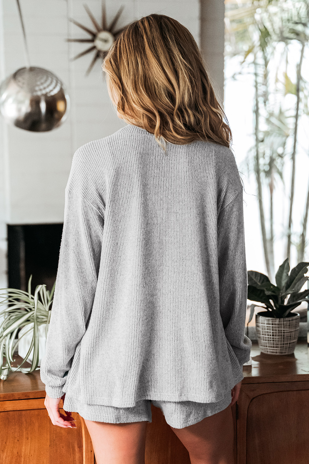 Light Grey 3 Pieces Rib Crop Camisole Matching Shorts Lounge Set with Cardigan - Image 2