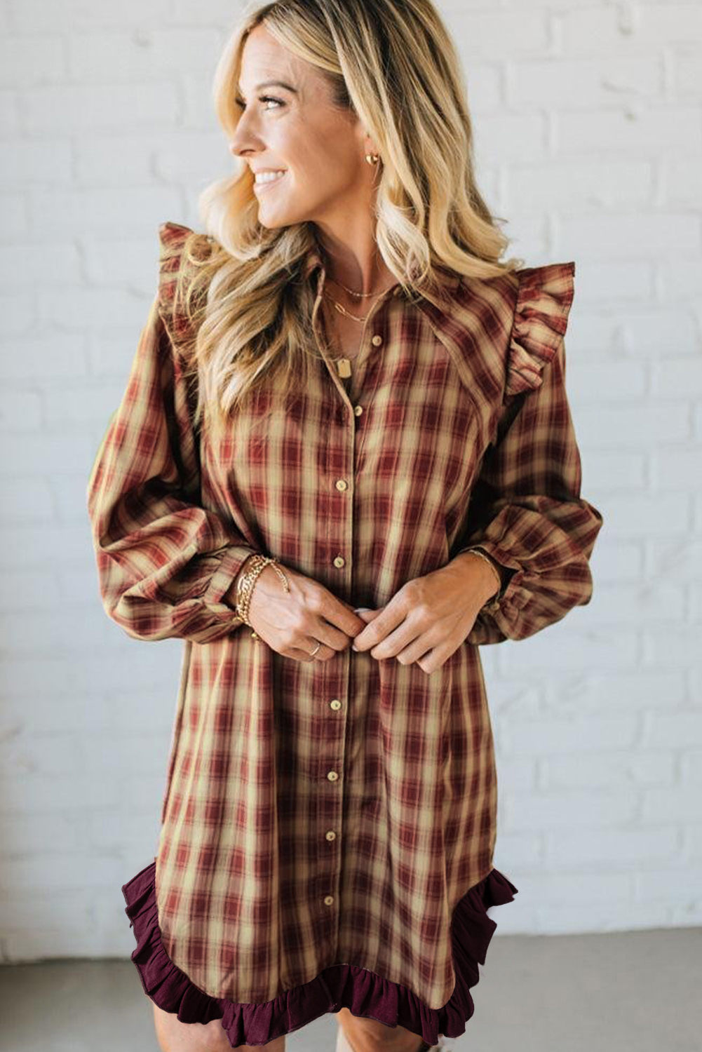Red Plaid Print Ruffled Long Sleeve Patchwork Hem Mini Shirt Dress - Image 3