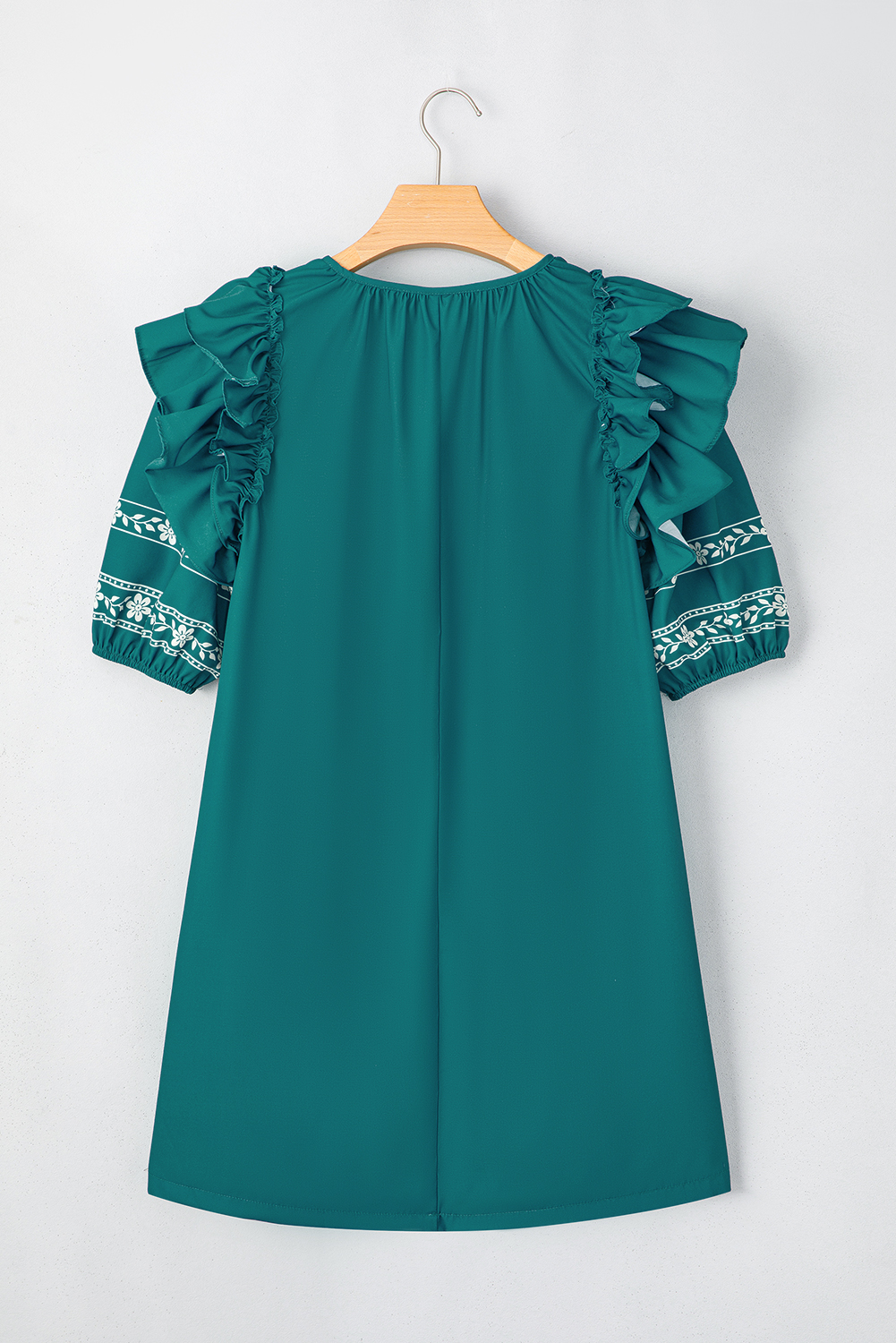 Skobeloff Boho Floral Ruffle Puff Sleeve Lace-up V Neck Mini Dress - Image 7