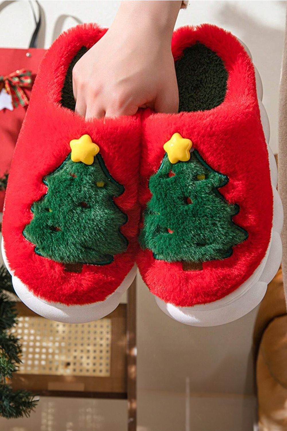 Fiery Red Christmas Tree Graphic Thick Sole Plush Slippers - Image 8