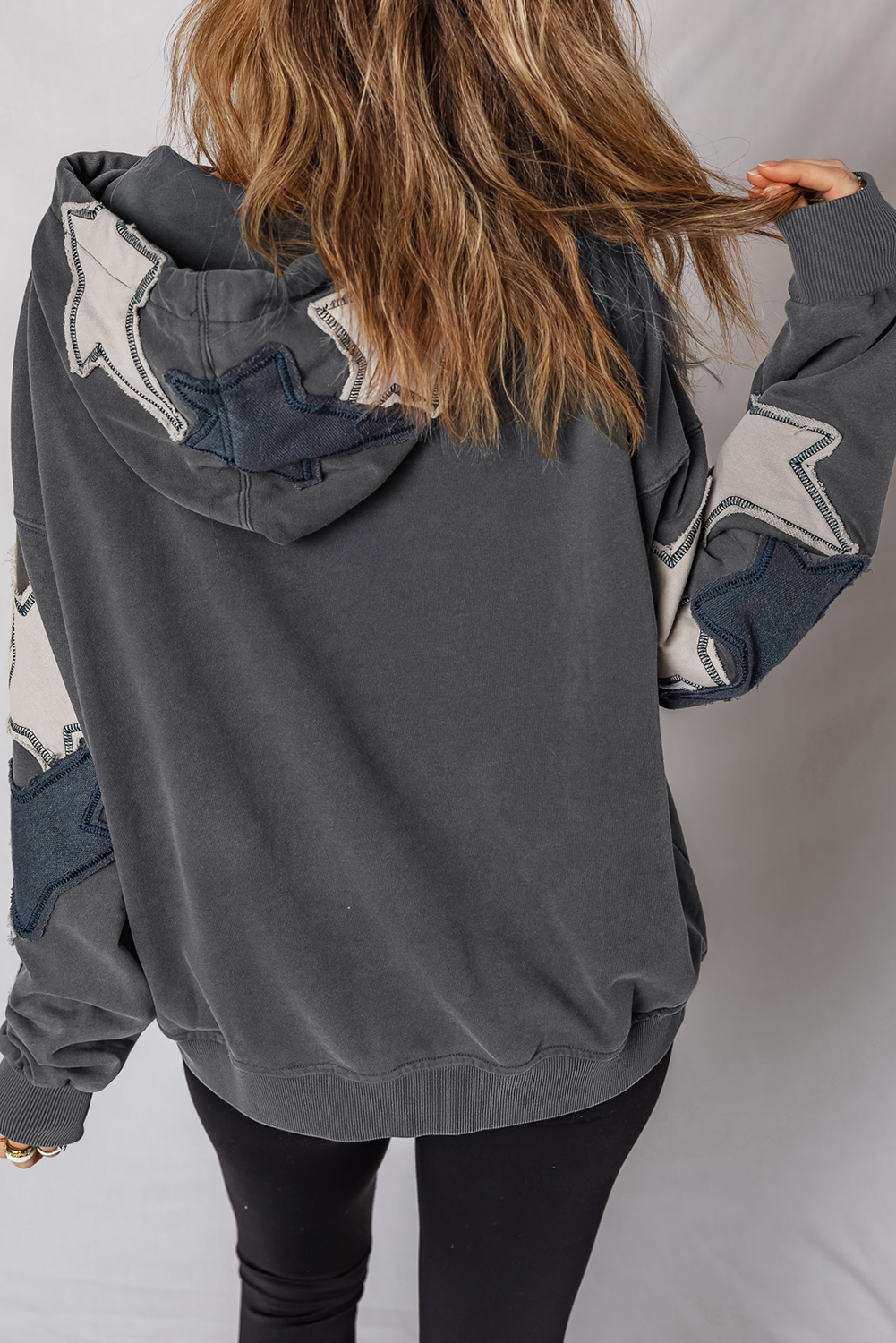 Carbon Grey Star Patchwork Contrast Stitching Mineral Wash Kangaroo Pocket Vintage Hoodie - Image 2