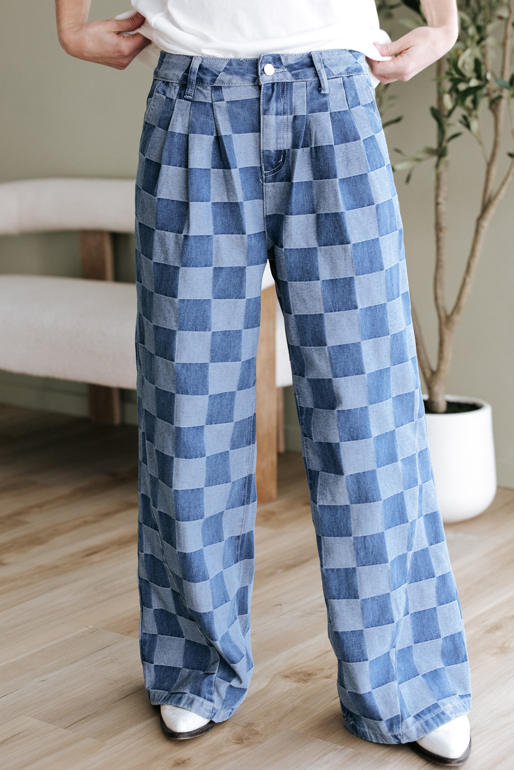Dusk Blue Checkered Denim Wide Leg Jeans - Image 4