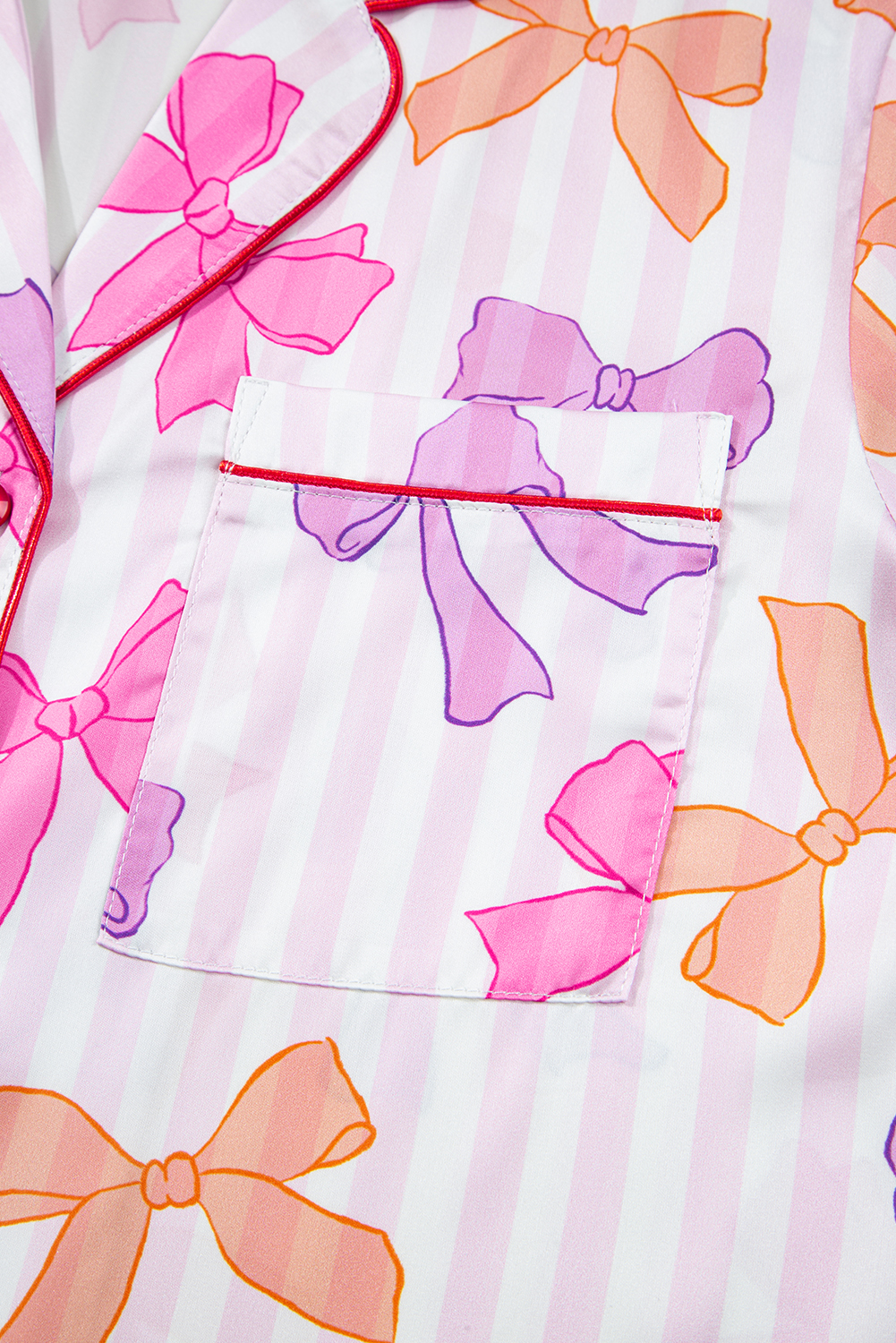 Pink Striped Bow Print Contrast Piping Trim Shirt and Pants 2pcs Pajama Set - Image 8