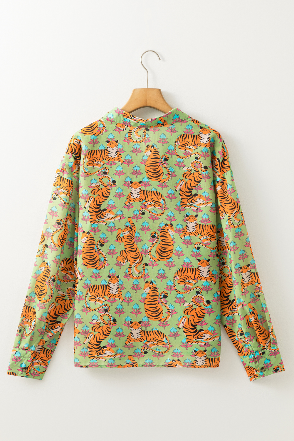 Green Tiger Floral Printed Collared V Neck Casual Shirt - Image 8