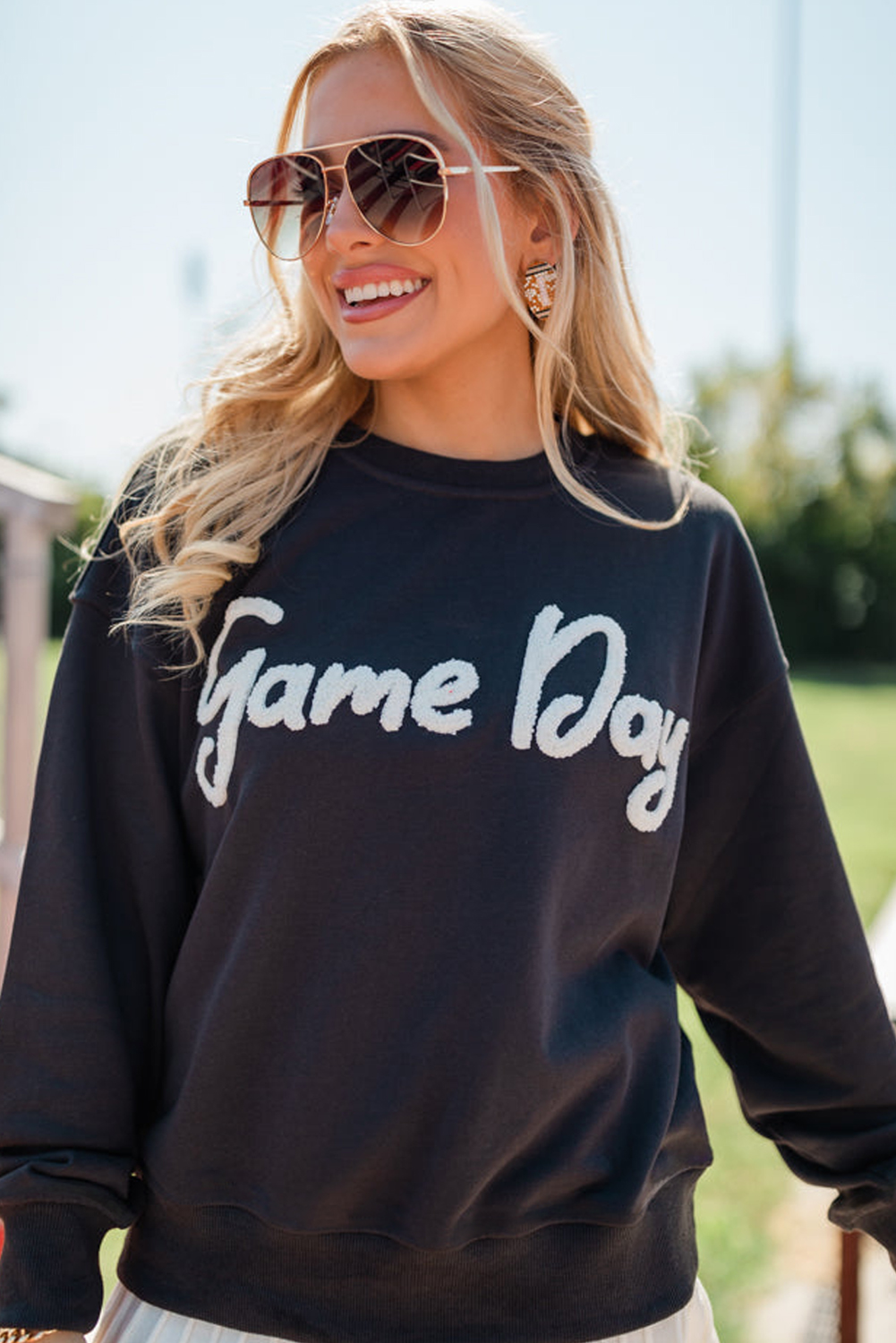 Black Chenille Game Day Graphic Drop Shoulder Sweatshirt - Image 4