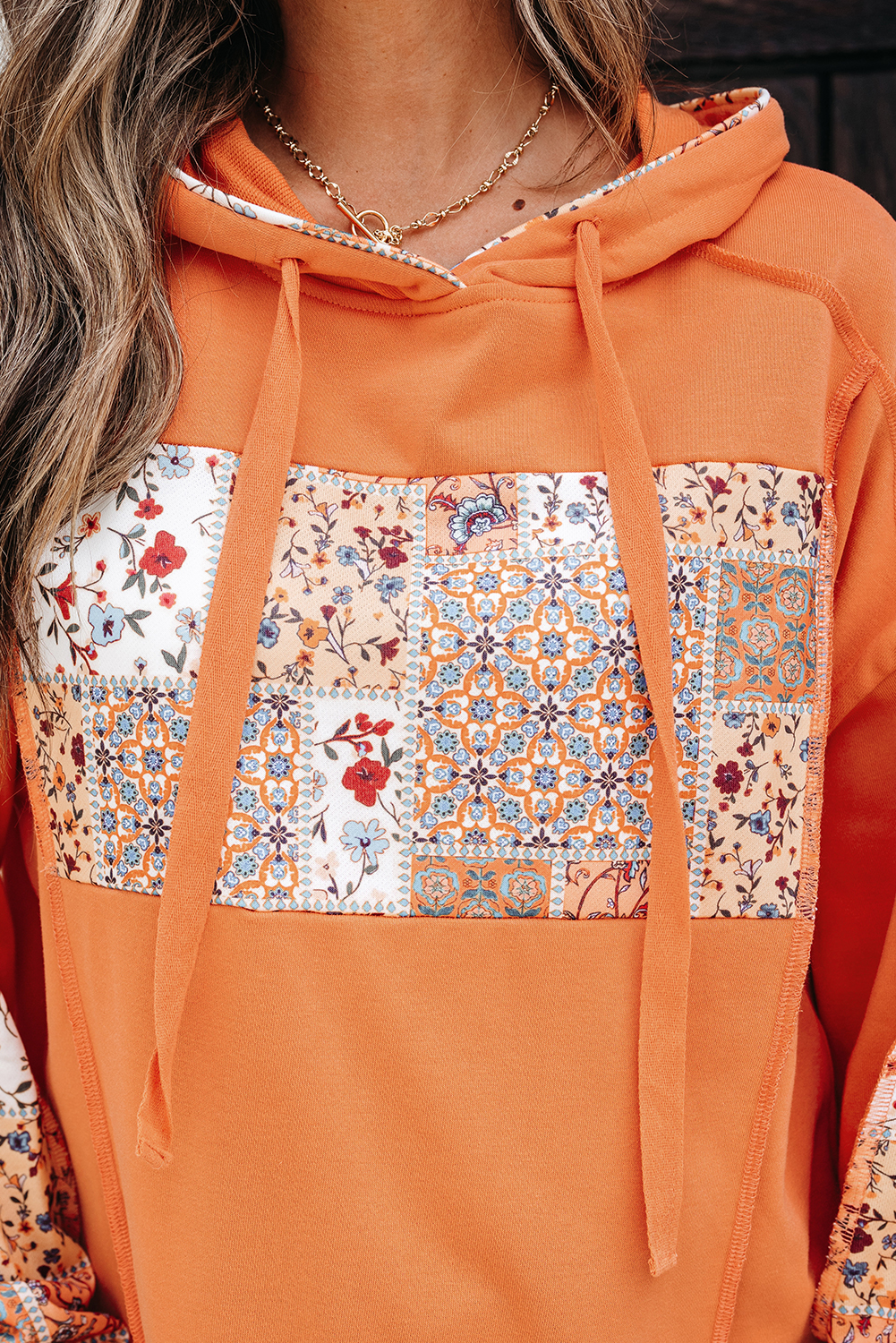 Flamingo Mix Floral Patchwork Side Slit Drawstring Hoodie - Image 6