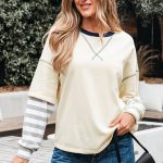 Beige Striped Patchwork Long Sleeve Round Neck Two-in-one Top