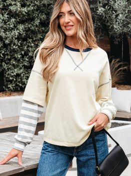 Beige Striped Patchwork Long Sleeve Round Neck Two-in-one Top
