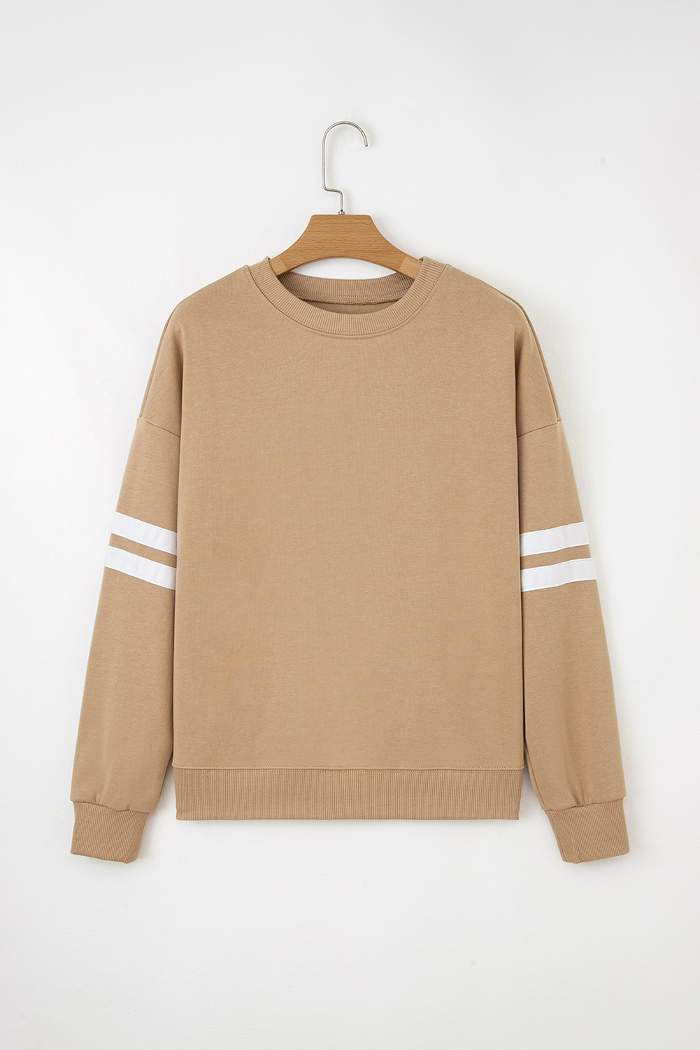 Light French Beige Varsity Striped Detail Drop Shoulder Oversized Sweatshirt - Image 2