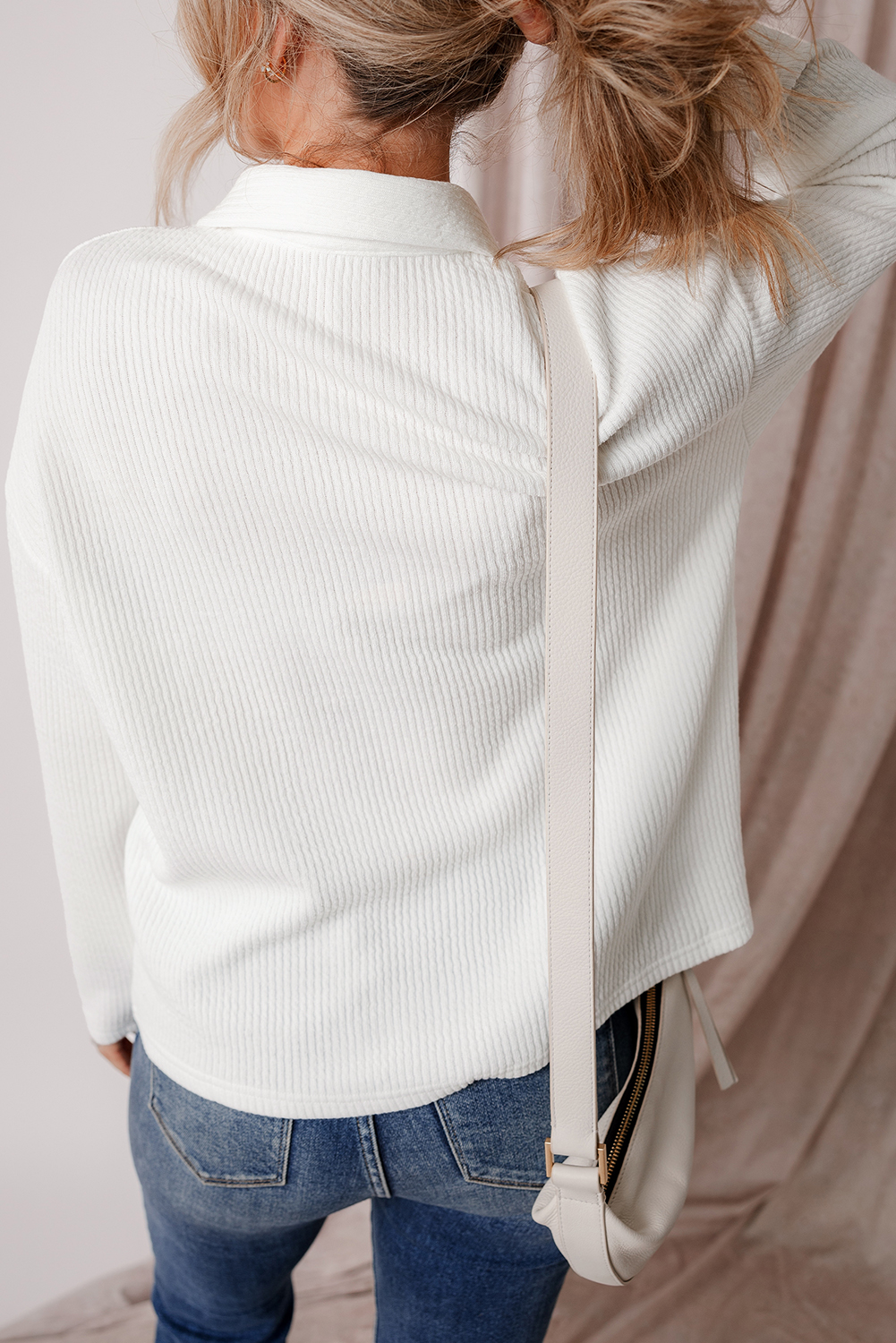 White Solid Color Corduroy Buttoned Long Sleeve Jacket - Image 2