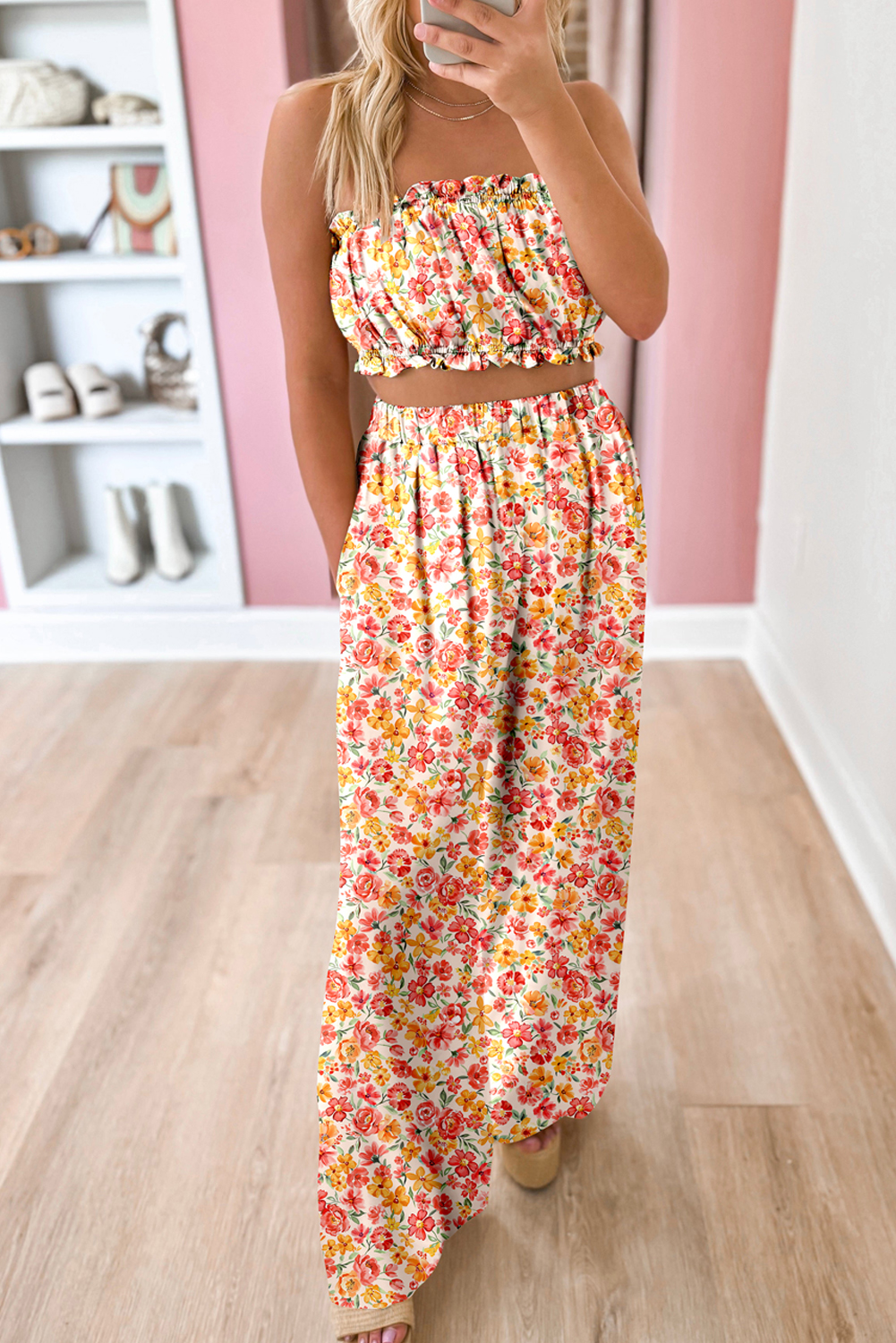 Pink Boho Floral Bandeau Top and High Waist Wide Leg Pants Set - Image 8
