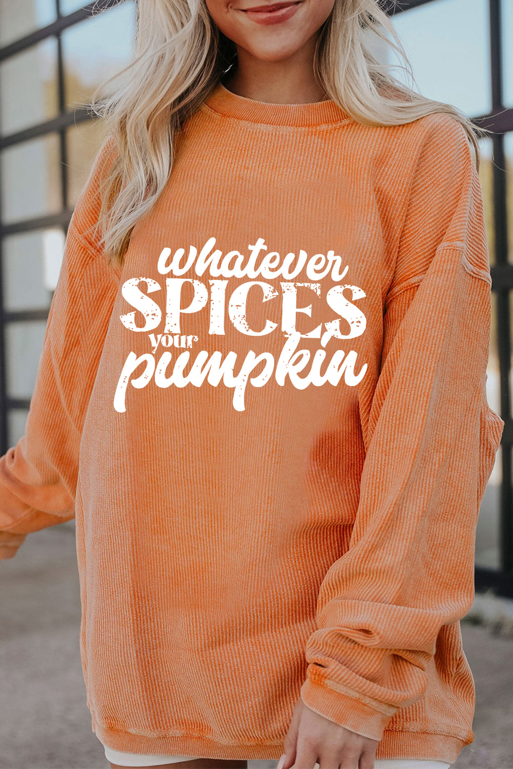Orange Whatever Spices Your Pumpkin Graphic Corded Pullover Sweatshirt - Image 2