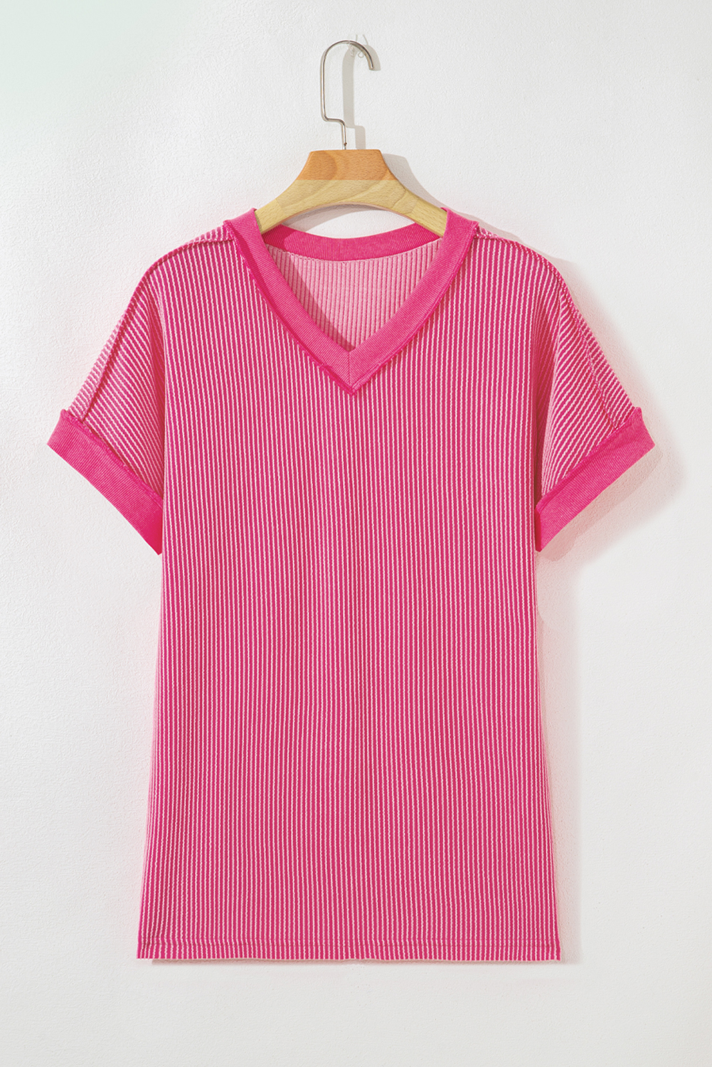 Rose Red Twisted Ribbed Knit V Neck Casual Tee - Image 4