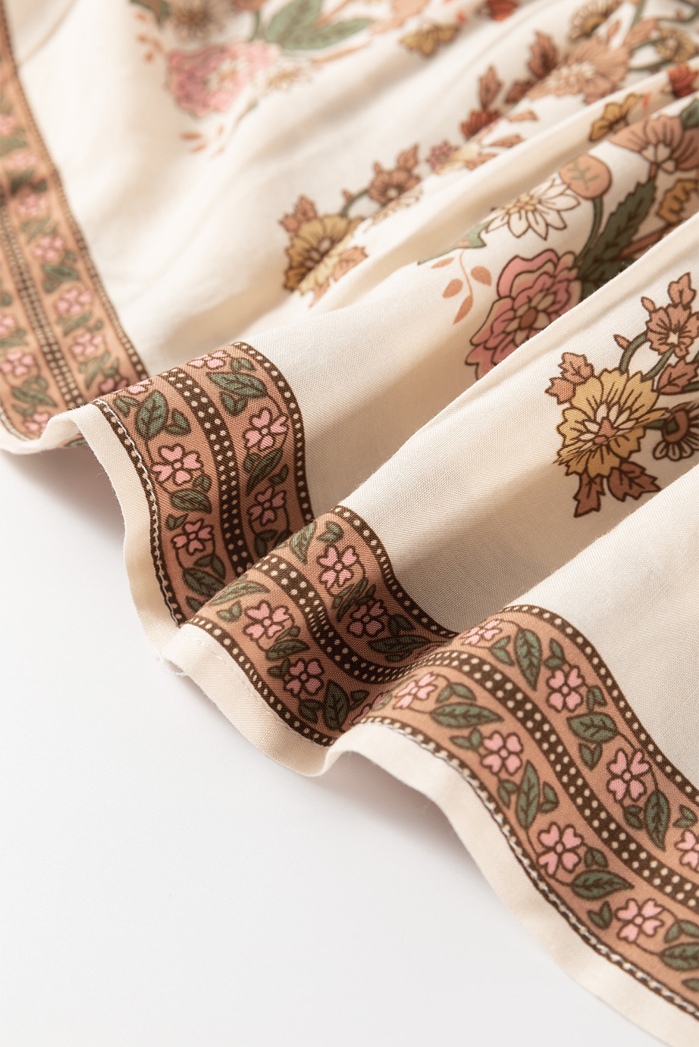 Apricot Floral Print Tassel Drawstring V Neck Loose Mini Dress - Image 8