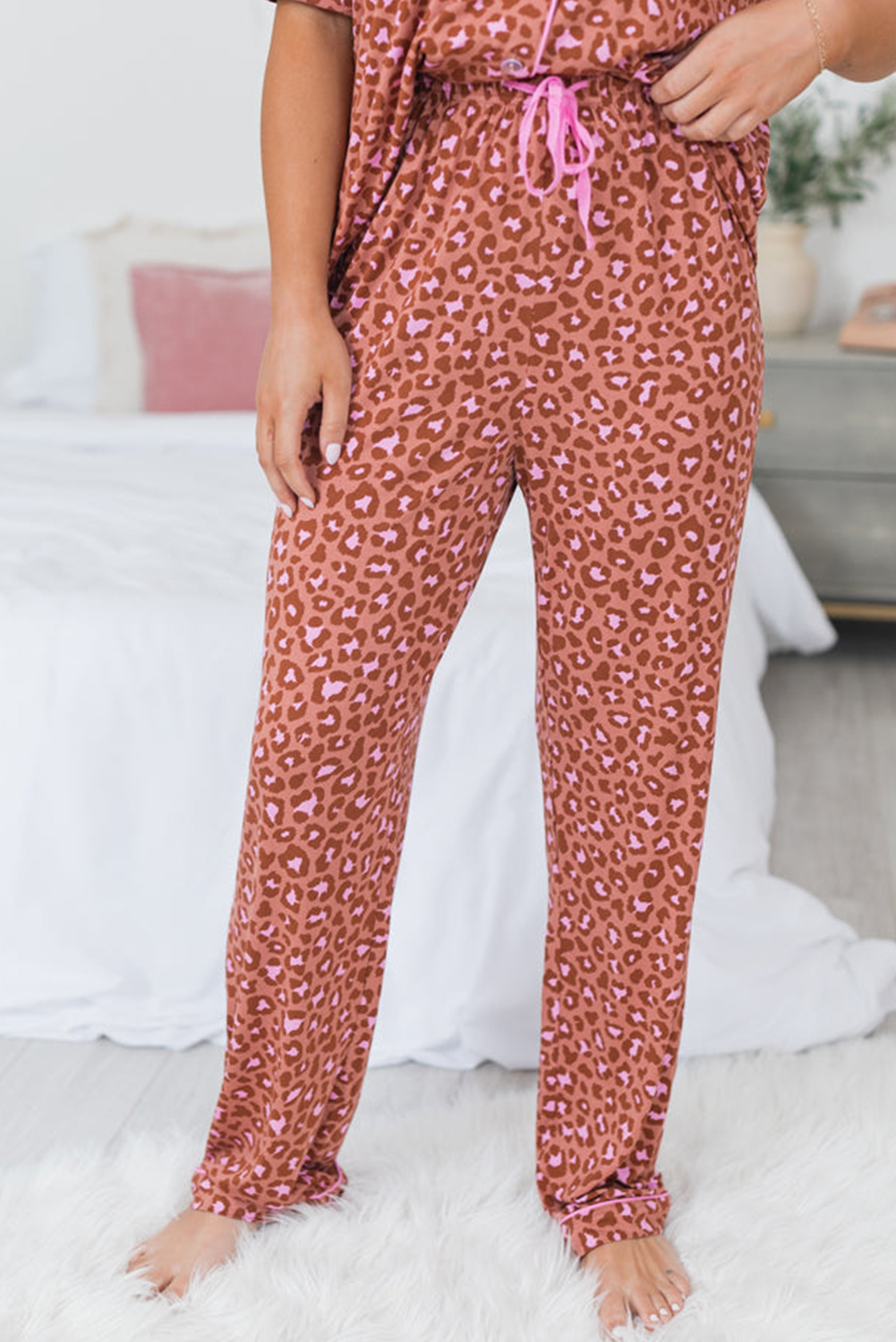 Brown Leopard Print Short Sleeve Shirt and Pants Pajamas Set - Image 3