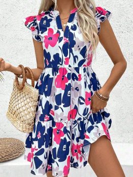 Fashion Floral Print Notched Neck Flutter Sleeve Mini Dress